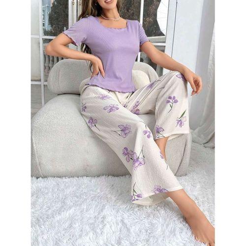 Kadın Mor Çiçek Desenli Uzun Pijama Takımı Yumuşak Pamuklu Rahat Ev Giyimi Özel Tasarım
