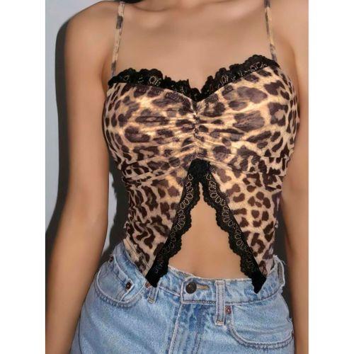 Kadın Leopar Desenli Crop Önden Dantel Detaylı 5095