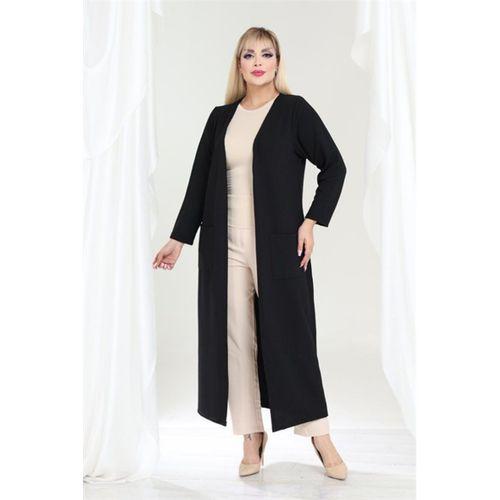 Melsay Butik Büyük Beden Siyah Dokulu Örme Kumaş Uzun Kadın Hırka