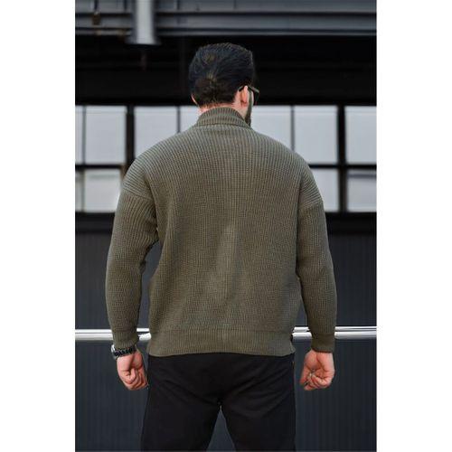 Oversize Selanik Örme Fermuarlı Erkek Hırka- Haki