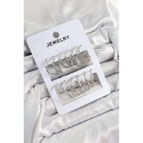 Pirinç Karışık Halka Model Gümüş Renk 6 Çift Kadın Küpe Set