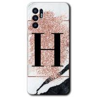 Oppo Reno 6 HD Baskılı Kılıf + 9D Tam Ekran Koruyucu - Pembe Mermer Desenli H Harfi