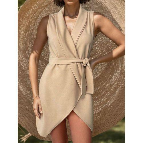 Kruvaze Yaka Kuşaklı Krep Kumaş Elbise