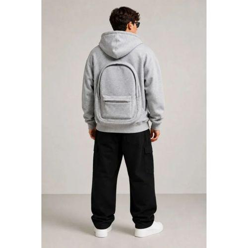 Erkek 3 İplik Şardonlu Tam Fermuarlı Kapüşonlu Arka Çanta Detaylı Sweatshirt - Gri