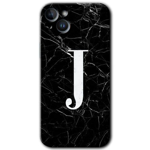 iPhone 14 Kılıf HD Desen Baskılı Arka Kapak - Temperli Cam - Siyah Mermer Desenli J Harfi