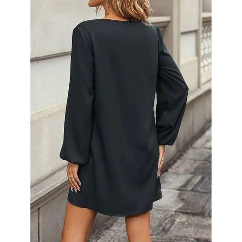 Kadın Uzun Kollu V Yakalı Kalp Desenli Mini Ithal Krep Elbise