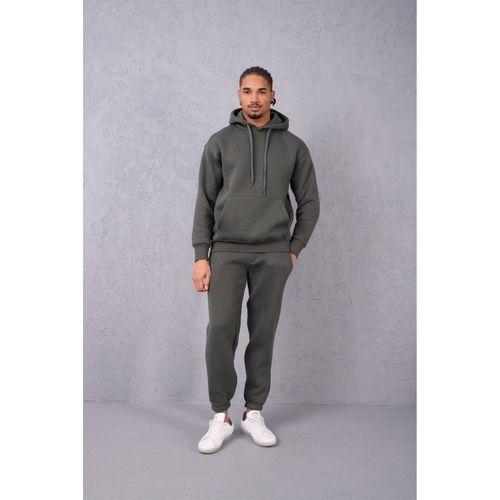 Şardonlu Kanguru Cepli Sweatshirt - 3 İplik Şardonlu Lastik Paça Erkek Eşofman Altı- Eşofman Takımı - Çam Yeşili