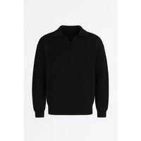 Oversize Gömlek Polo Yaka Selanik Örgülü Erkek Triko Kazak - Siyah
