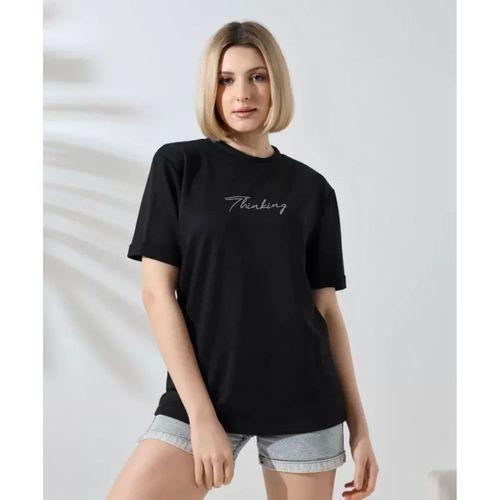 Pilelistore Unisex Bisiklet Yaka Baskılı Slim Fit T-Shirt - Siyah