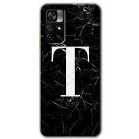 MRCİLETİSİM Xiaomi Redmi Note 11T Kılıf HD Desen Baskılı Arka Kapak + Temperli Cam - Siyah Mermer Desenli T Harfi