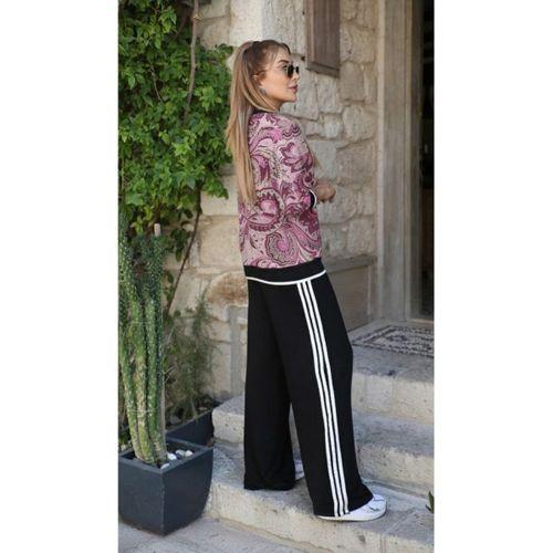 Kadın Uzun Kollu Bisiklet Yaka Desenli Iki Iplik Bluz Ve Viskon Iki Iplik Pantolon Ikili Takım