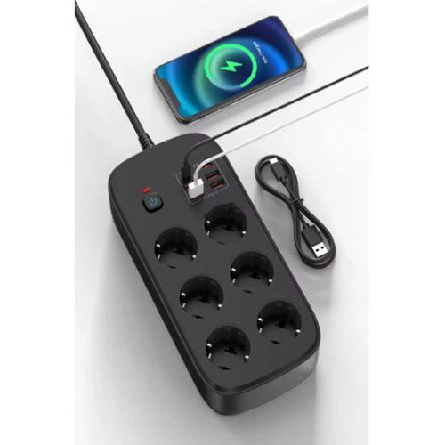 Termal Akım Korumalı 6’lü Priz 4x Usb 2x Type-c Çıkışlı Grup Priz Çoğaltıcı (3500w) Siyah