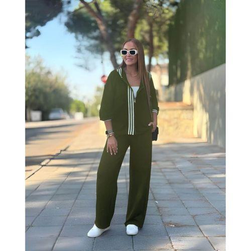 Kadın Uzun Kollu Kapşonlu Onu şerit Detaylı Fermuarlı Viskon Iki Iplik Bluz Ve Pantolon Ikili Takım