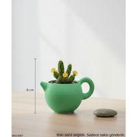 Yeşil Caydanlik Seklinde Mini Dekoratif Saksi 6 Cm Masa Ustu Ofis Dekoru