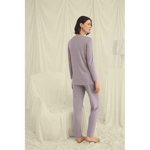 Uzun Kollu Düğmeli V Yaka Pijama Takımı