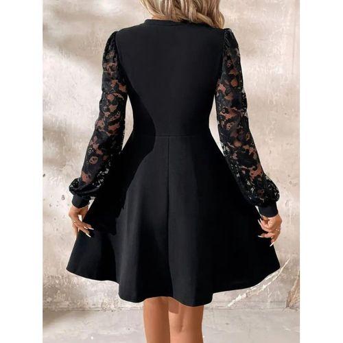 Kadın Uzun Kollu Yuvarlak Damla Detaylı Kolları Tül Detaylı Kısa Ithal Krep Elbise