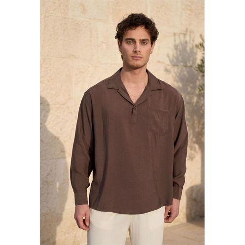 Sartre Apaş Yaka Tek Cepli İnce Modal Kumaş Oversize Uzun Kollu Yazlık Gömlek - Kahve