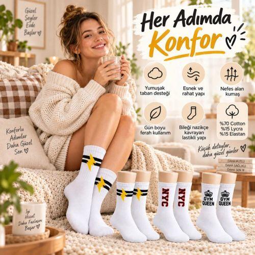 Kadın Spor Çorap Beyaz Yazılı 3'lü Set Uzun Soket Pamuklu Dikişsiz Nefes Alan Spor Konforlu Çoraplar