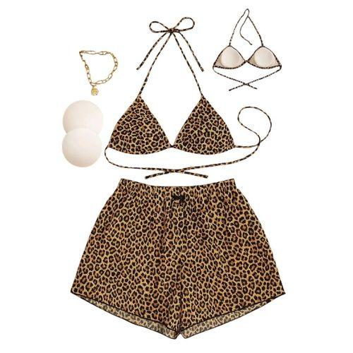 Kadın Leopar Desenli 3’lü Bikini Takımı Şortlu Yandan Bağlamalı Alt Üst Plaj Kombin Mayo Seti