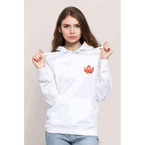 Watercolor Leaf Çınar Yapragı Baskılı Kadın Kapüşonlu Beyaz Sweatshirt