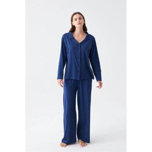 Kadın Lacivert Düğmeli Yaka Detaylı Pamuklu Pijama Takımı