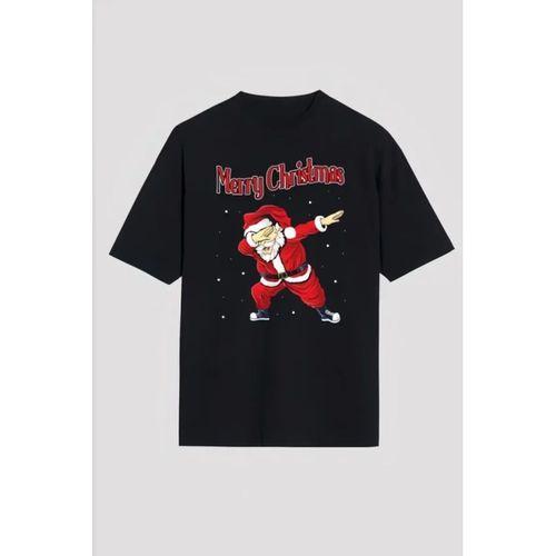 Yılbaşı Merry Christmas Noel Baba Baskılı Oversize Bisiklet Yaka T-shirt - Siyah