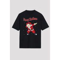 Yılbaşı Merry Christmas Noel Baba Baskılı Oversize Bisiklet Yaka T-shirt - Siyah