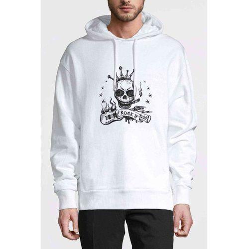 Rock'n Roll Baskılı Beyaz Erkek Kapşonlu Sweatshirt