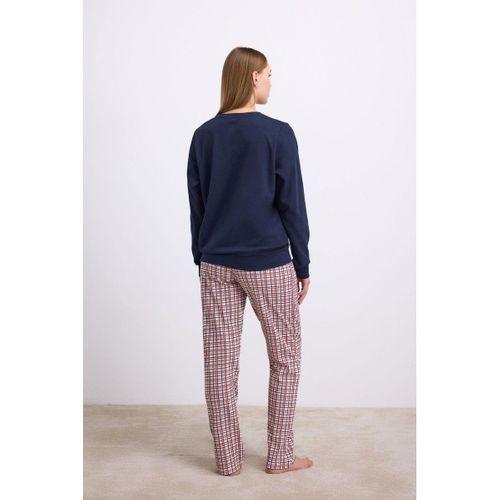 Rahat Ve Şık %100 Pamuklu Uzun Kol Sweatshirt Ve Ekose Pantolon Pijama Takımı