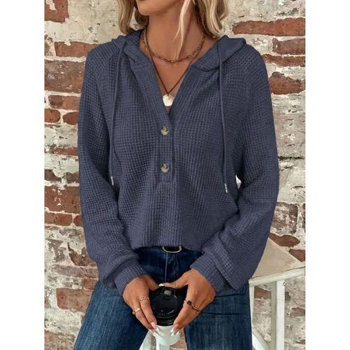 Kadın Uzun Kollu Kapşonlu önü Düğmeli Ve Bağcıklı Waffle Bluz