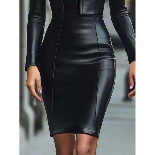 Kadın Uzun Kollu Yakalı Fermuarlı Mini Deri Elbise