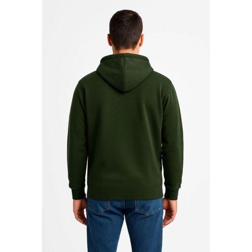 Erkek Üç İplik Kapüşonlu Tam Fermuarlı Kanguru Çepli SweatShirt Hoodie - Haki