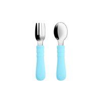 Silikon Saplı Paslanmaz Çelik Bebek Kaşık Çatal Seti Açık Mavi