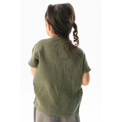 Kısa Kol Batı Cep Detaylı Yazlık Müslin Kız Çocuk Tshirt Haki Hk