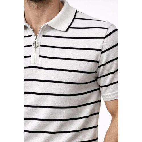 Erkek Triko Polo Yaka Fermuarlı Çizgili Tişört T-Shirt Yazlık Şık - Beyaz