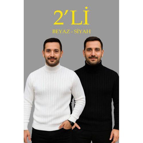 Erkek Fitilli Triko Kazak 2li Set Beyaz Siyah Regular Balıkcı Yaka Tam Boğazlı Triko Seti Modeli Kazak