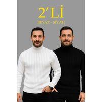 Erkek Fitilli Triko Kazak 2li Set Beyaz Siyah Regular Balıkcı Yaka Tam Boğazlı Triko Seti Modeli Kazak