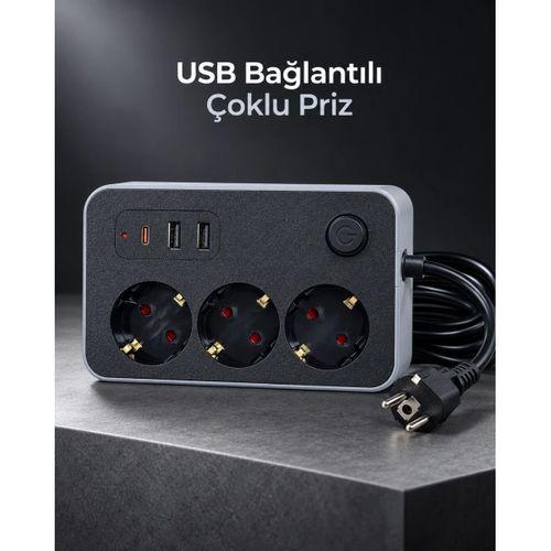 Çalışma Alanlarına Uygun Anahtarlı Usb Ve Type C Şarj Çıkışlı Kablolu Çoklu Priz