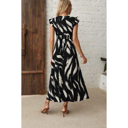 Kadın Kısa Kollu V Yakalı Desenli Yandan Yırtmaçlı Süprem Elbise