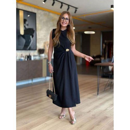 Kadın Sıfır Kollu Bisiklet Yaka Belden Büzgülü Yırtmaç Detaylı Janjan Krep Elbise