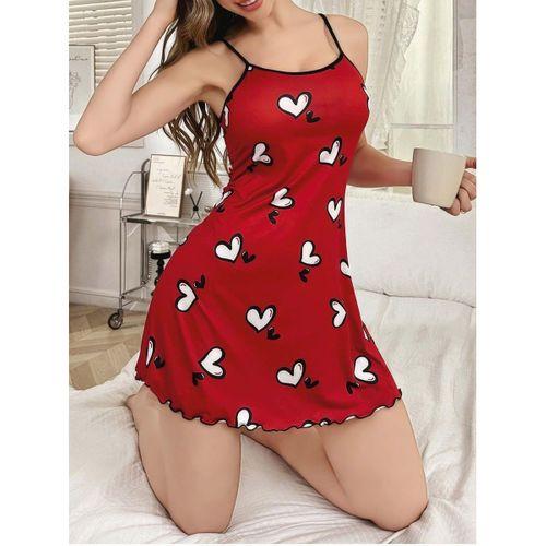Kadın Kırmızı Beyaz Kalp Desenli Askılı Elbise 5063