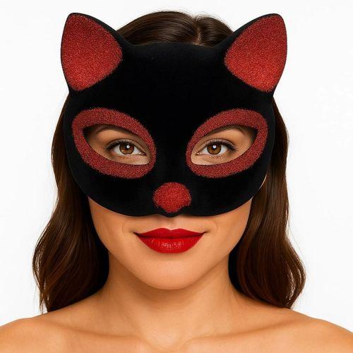 Çocuk Siyah Renk Kırmızı Simli Süet Kaplama Kedi Maskesi 18x14 cm