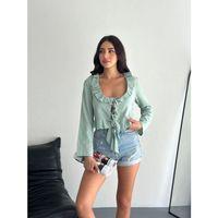 Keten Uzun Kol Bağacık Detaylı Bluz - Yeşil