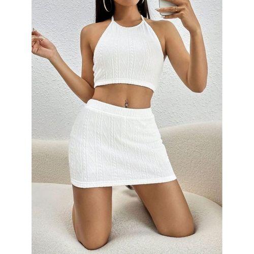 Kadın Sıfır Kol Crop Mini Etek Ikili Triko Takım
