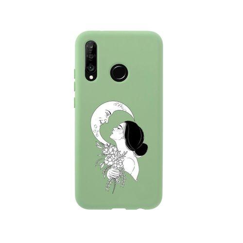 Huawei P30 Lite Moon & Woman Desenli Premium Silikonlu Yeşil Telefon Kılıfı