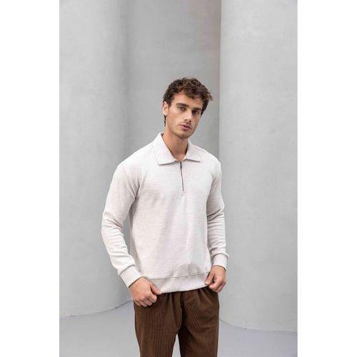 Eric Relax Fit Yarım Fermuarlı Polo Yaka Selanik Kumaş Erkek Sweatshirt - Taş