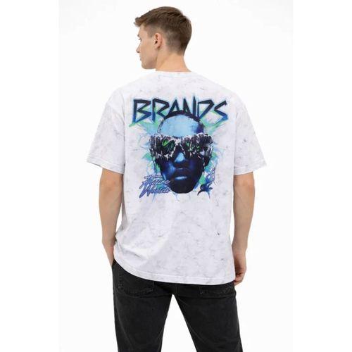 Erkek Asit Yıkamalı Oversize Tişört Future Worlds Baskılı Bisiklet Yaka Kısa Kollu Streetwear %100 Pamuk Street Style T-Shirt - Beyaz