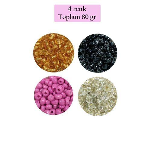 Dökme Cam Kum Boncuk Büyük Boy (6/0) 4 mm - 4 Renk - Toplam 80 Gram - BNC410