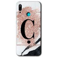 MRCİLETİSİM Huawei P smart 2019 Kılıf Baskılı Kapak - Pembe Mermer Desenli Ç Harfi + 5D Tam Kaplayan Cam