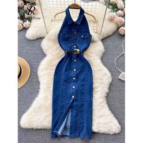 Kadın Düğme Detaylı Belden Kemerli Sırt Dekolte Kot Elbise